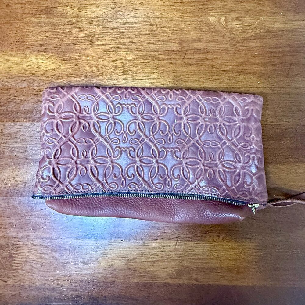 Alex and Ani Gabriel embossed fold over leather clutch